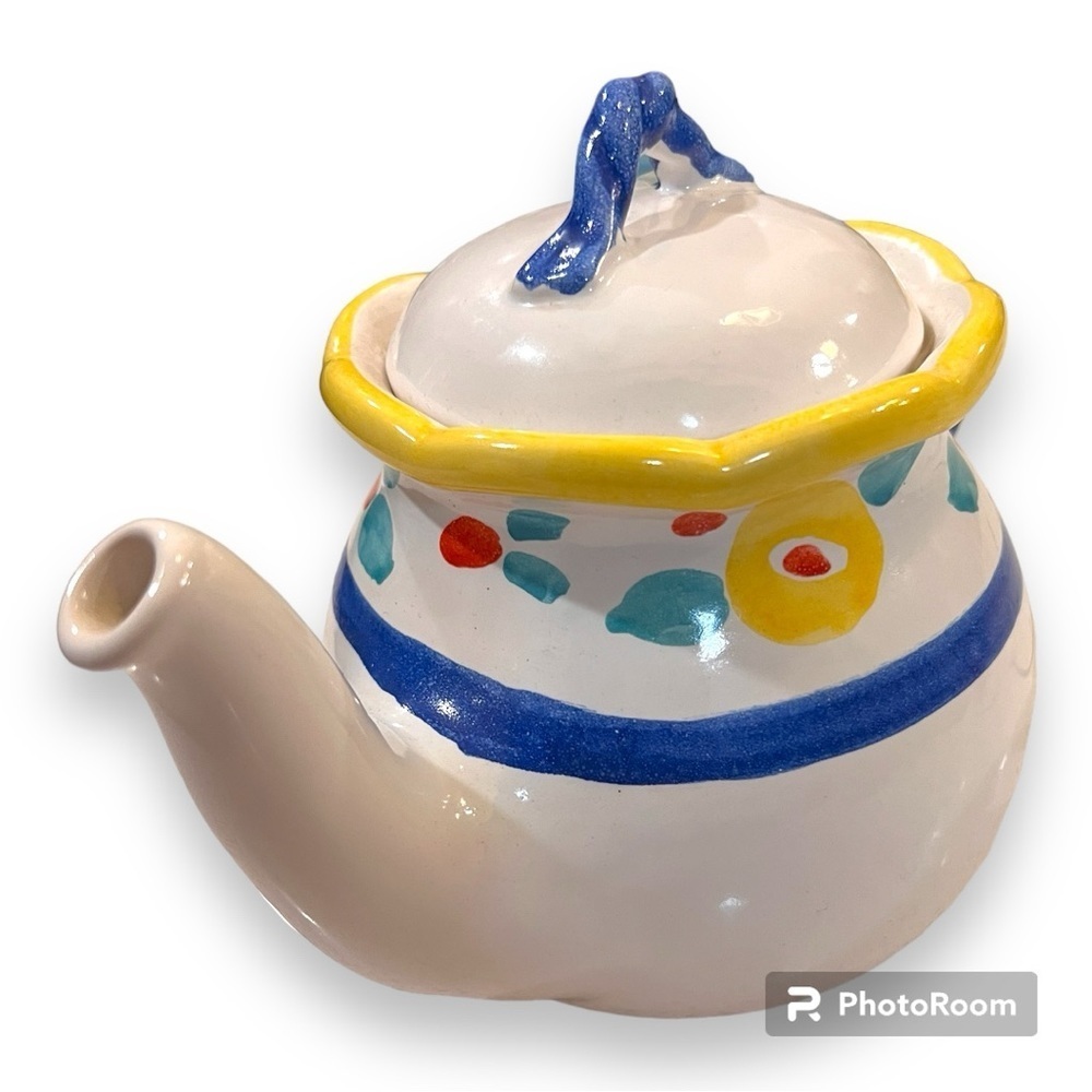 Ceramic Teapot Blue Handle Multicolor - Picture 2 of 5